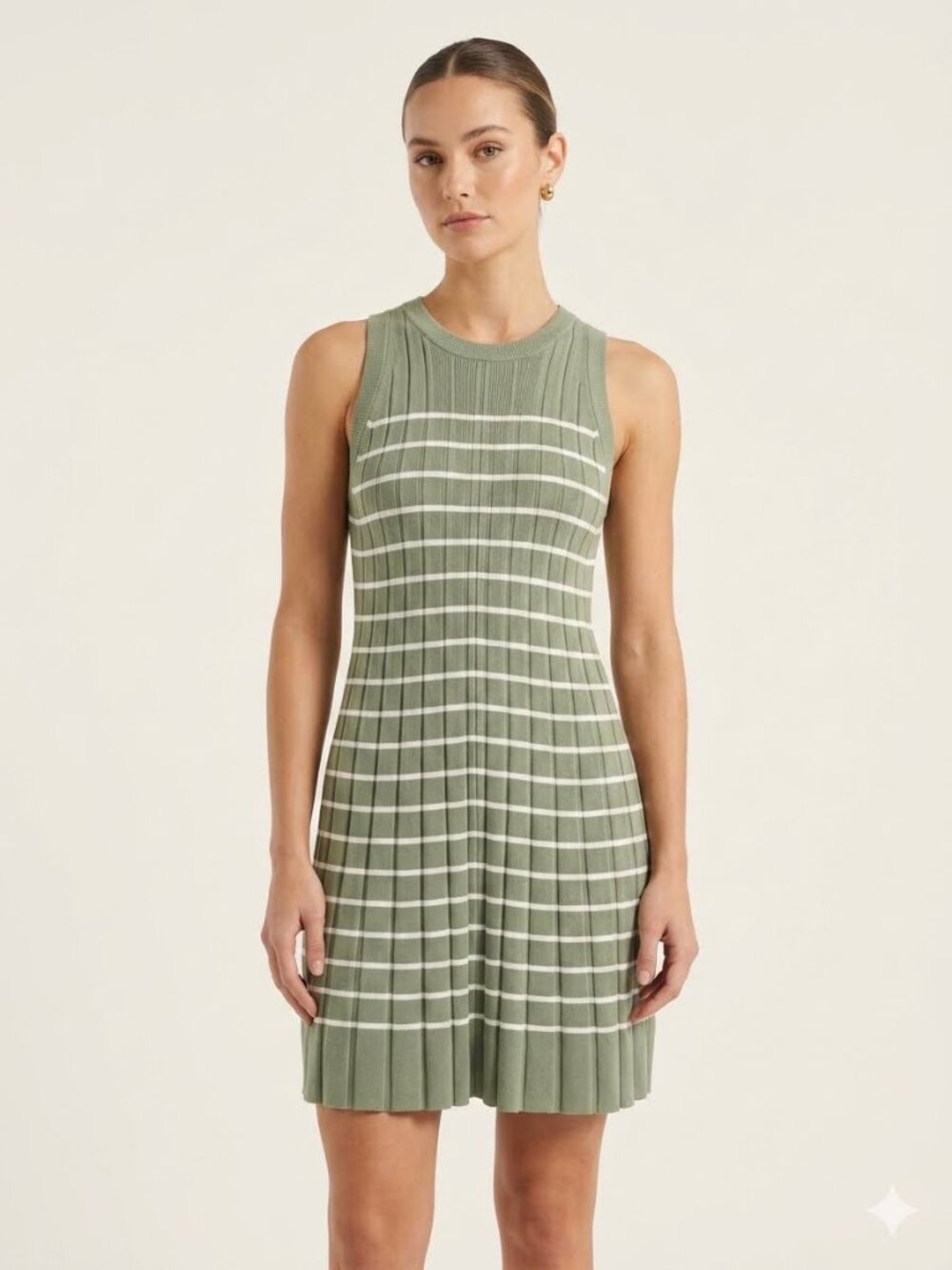 Zesica A-line sage colored mini dress in ribbed knit fabric, size S